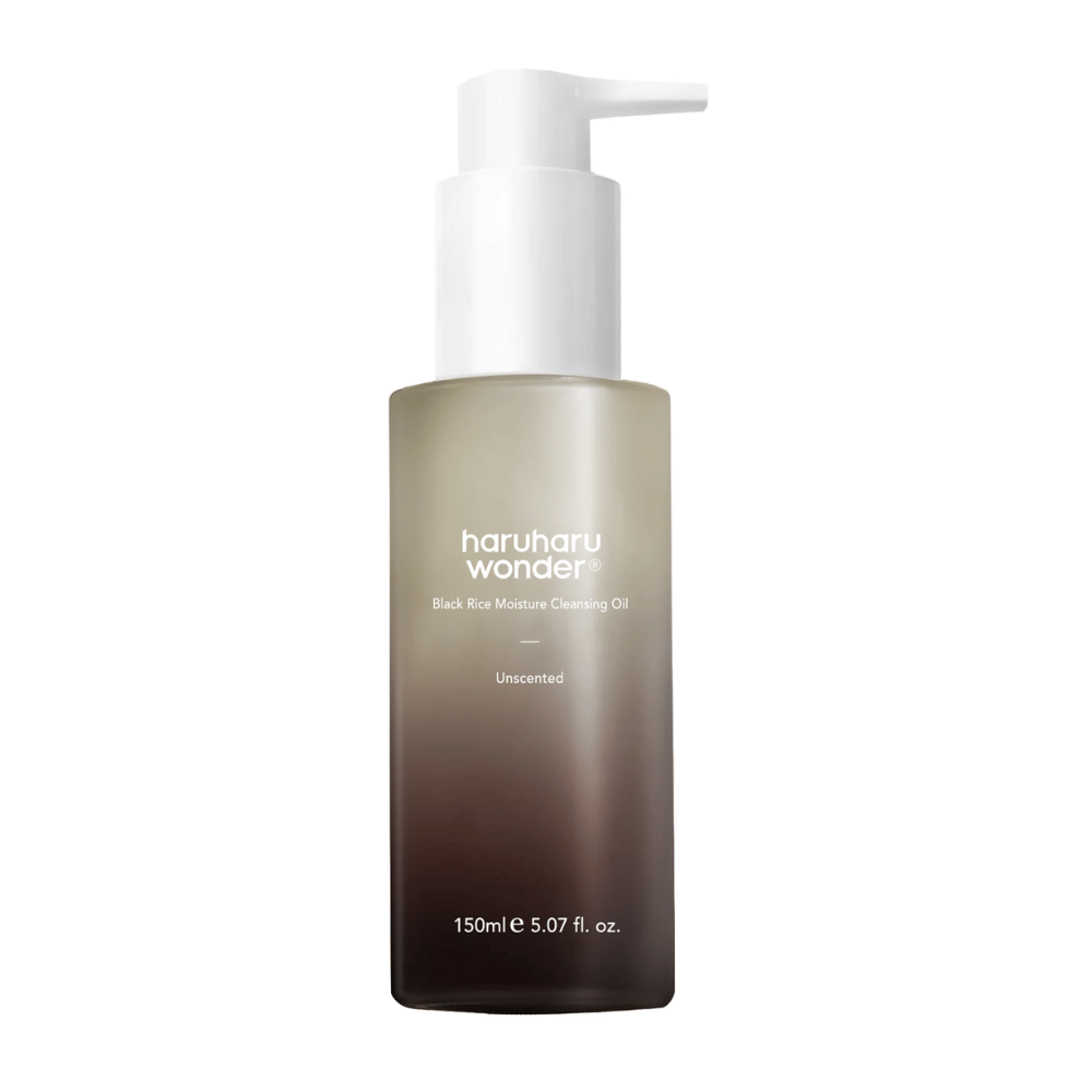 Haruharu Wonder Black Rice Moisture Cleansing Oil Unscented 150 ml – óleo de limpeza suave com arroz preto que hidrata e limpa a pele profundamente.