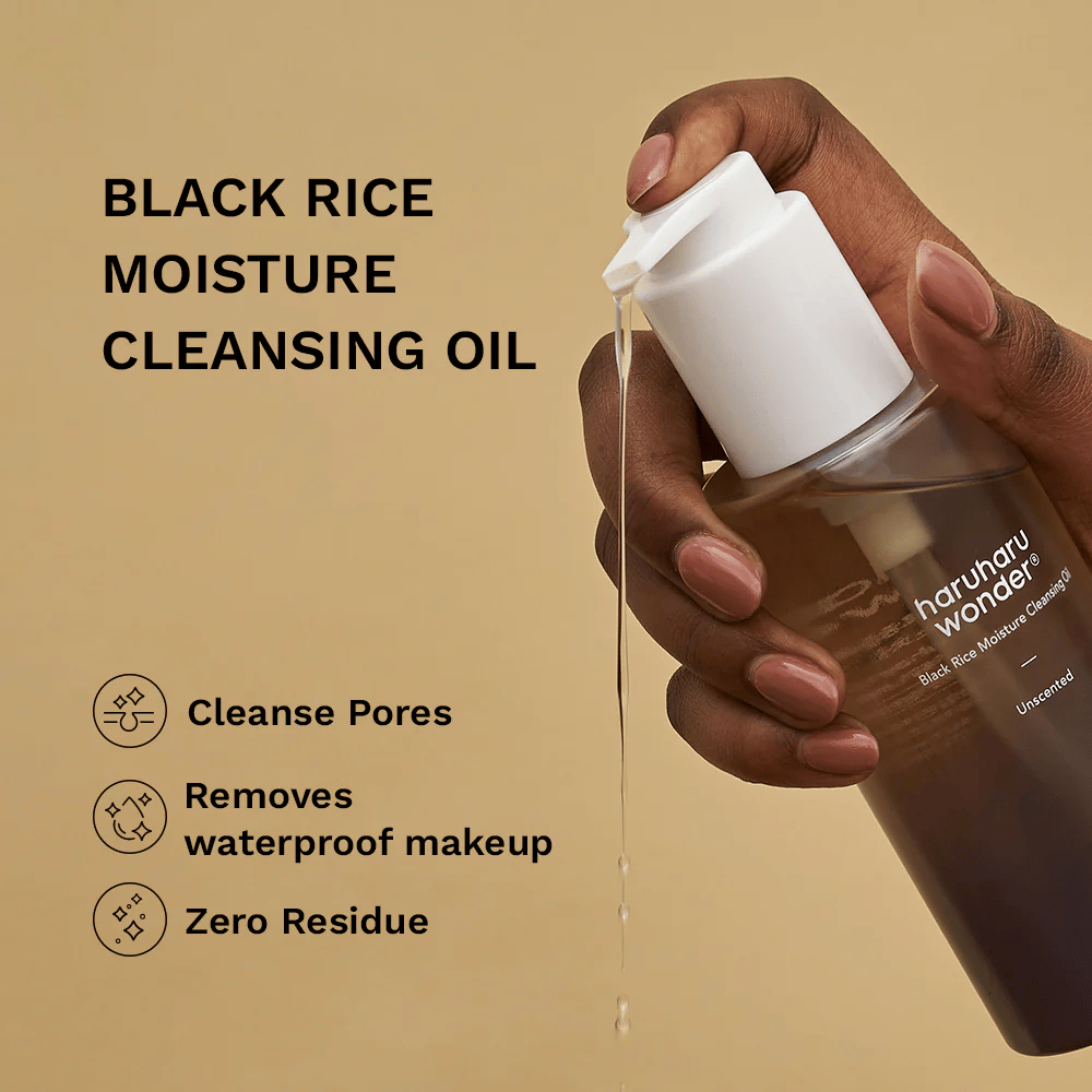Haruharu Wonder Black Rice Moisture Cleansing Oil bombeia óleo de limpeza – eficaz contra maquilhagem à prova de água, limpa os poros e não deixa resíduos.