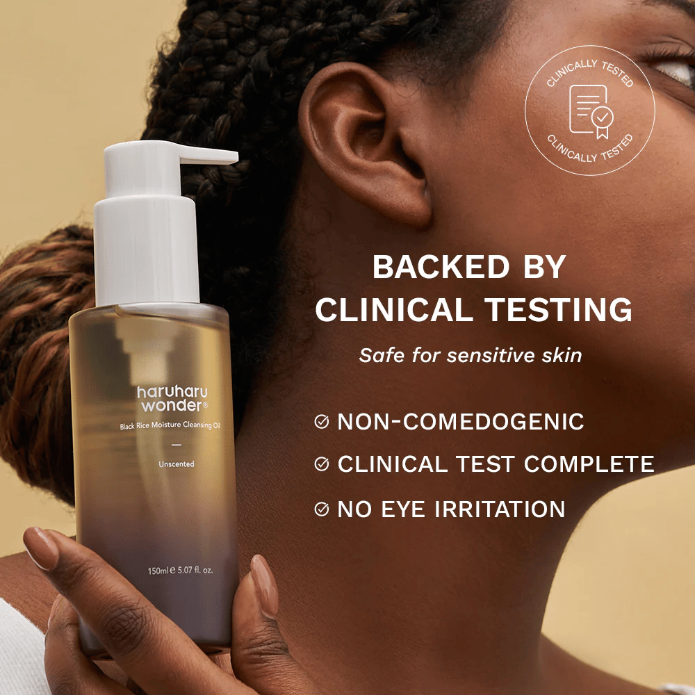 Haruharu Wonder Black Rice Moisture Cleansing Oil 150 ml – óleo de limpeza clinicamente testado para pele sensível, não comedogénico e sem irritação ocular.