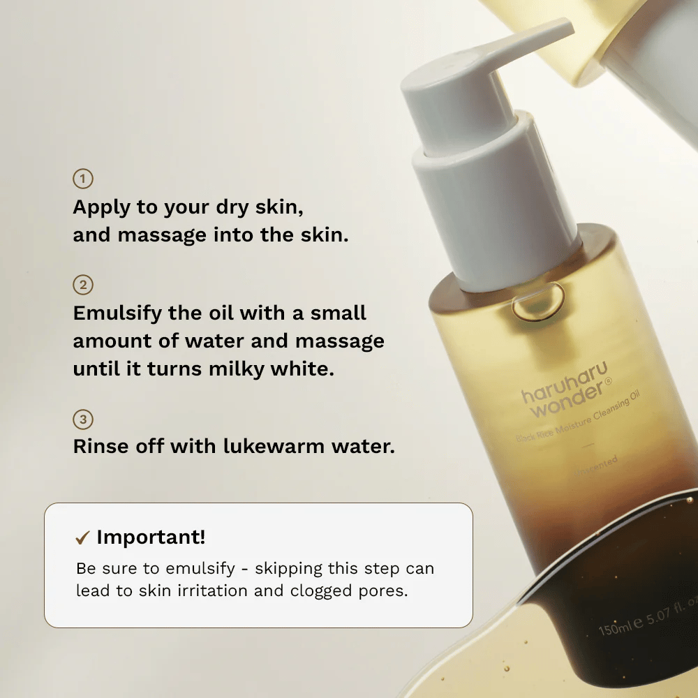 Haruharu Wonder Guia de aplicação do Black Rice Moisture Cleansing Oil – óleo de limpeza que se massaja na pele seca, emulsiona-se com água e enxagua-se para uma remoção eficaz da maquilhagem.