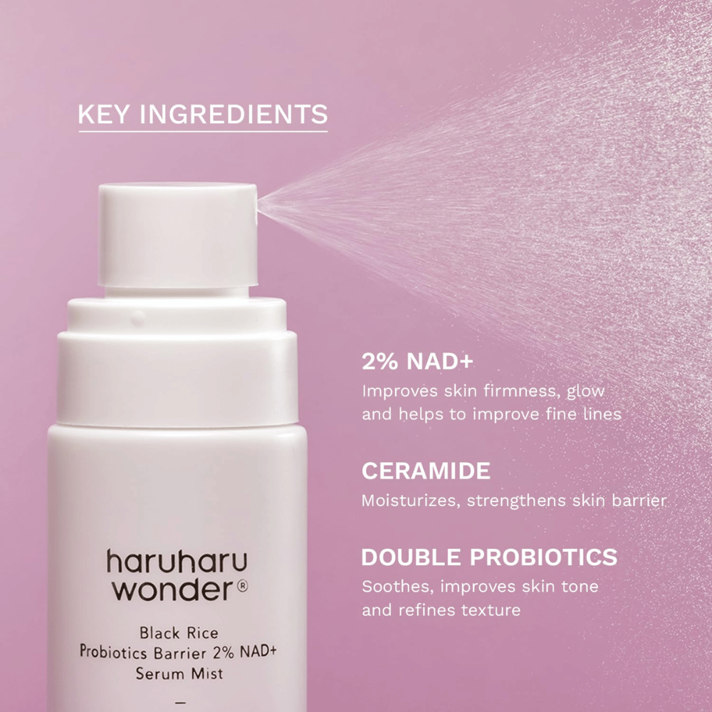 Haruharu Wonder Black Rice Probiotics Barrier 2% NAD+ Serum Mist com NAD+, ceramidas e probióticos