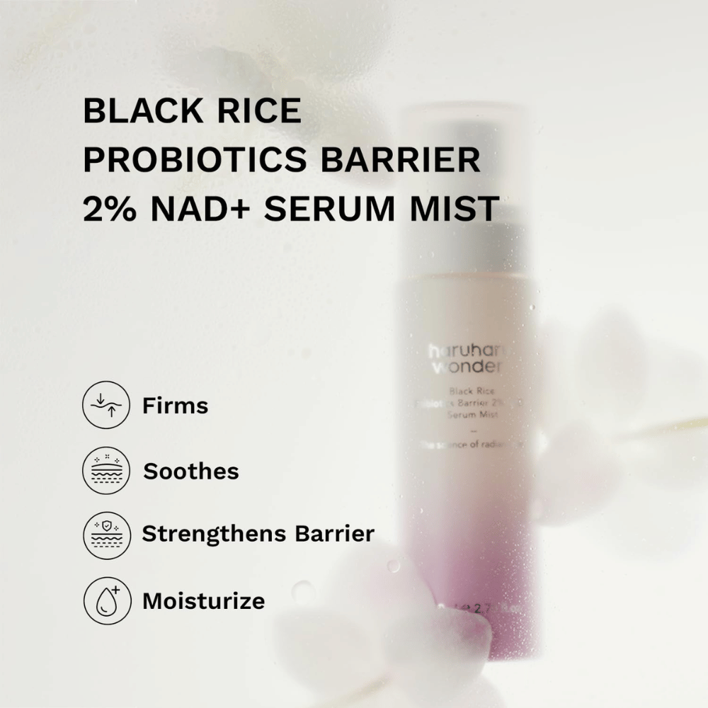Haruharu Wonder Black Rice Probiotics Barrier 2% NAD+ Serum Mist – bruma facial calmante e fortalecedora da barreira cutânea