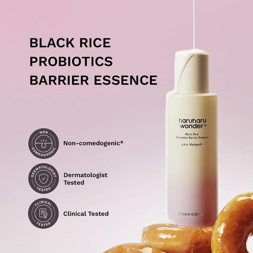 Essência com probióticos e arroz preto que acalma a pele sensível e melhora a textura e o tom da pele