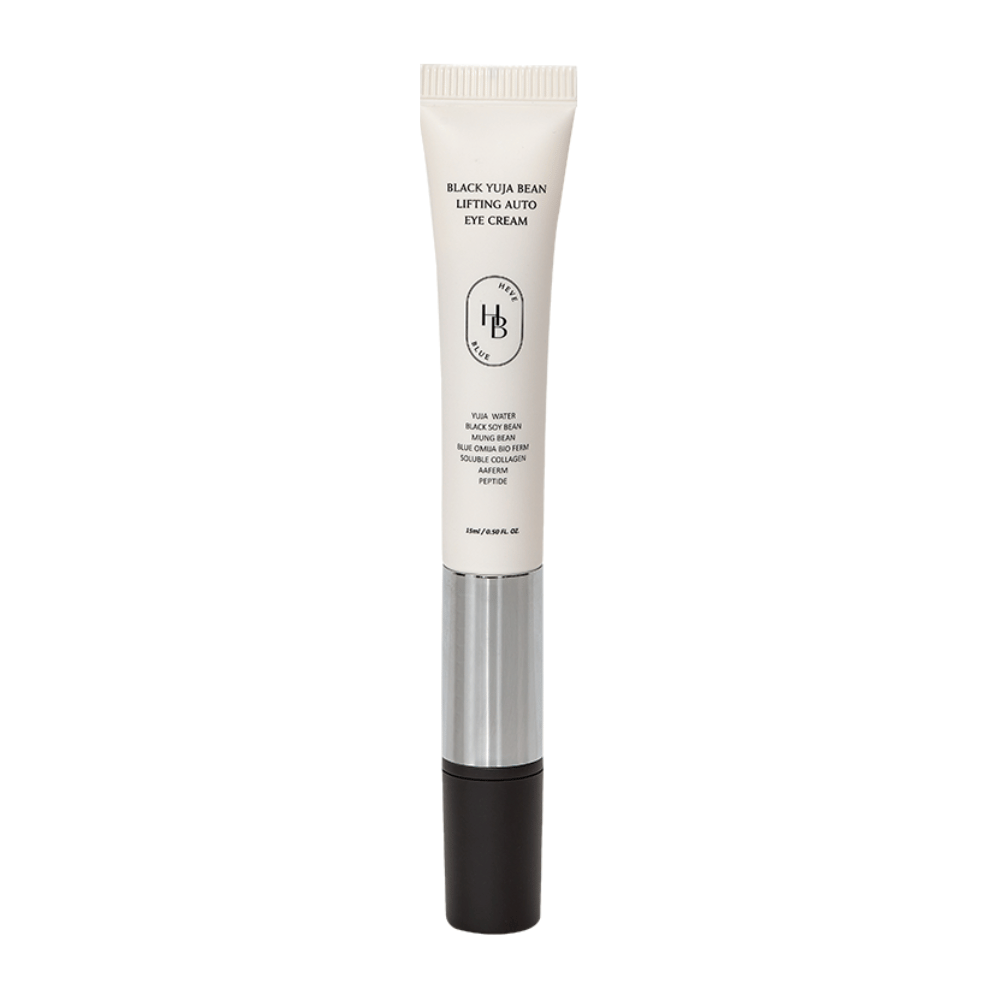 Imagem do produto de HEVE BLUE Black Yuja Bean Lifting Auto Eye Cream – um tubo com parte superior branca, meio prateado e aplicador preto. O texto na embalagem lista ingredientes como água de yuja e feijão preto.