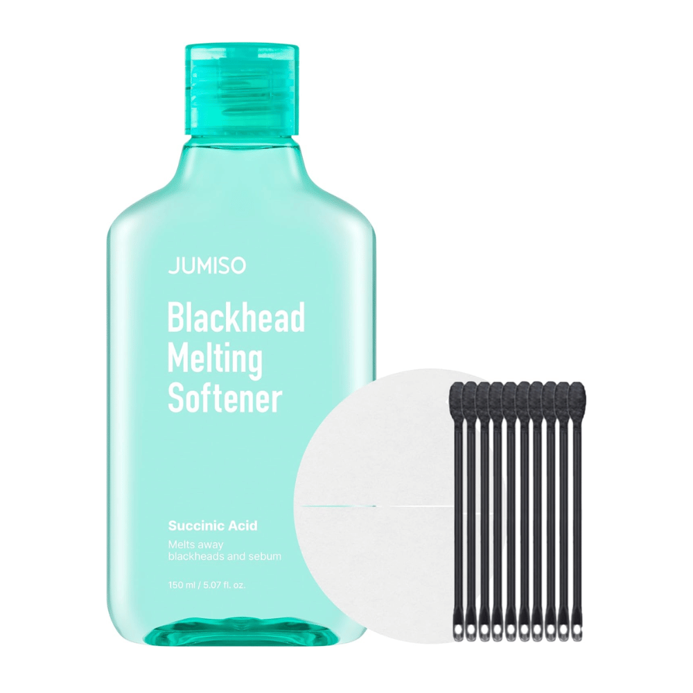 Imagem do produto de JUMISO Blackhead Melting Softener Special Set. Contém frasco, almofadas e cotonetes para tratamento eficaz de cravos.