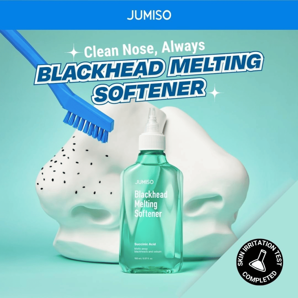 JUMISO Blackhead Melting Softener com escova contra modelo de nariz branco. Texto: “Nariz Limpo, Sempre”. Clinicamente testado para irritação da pele.