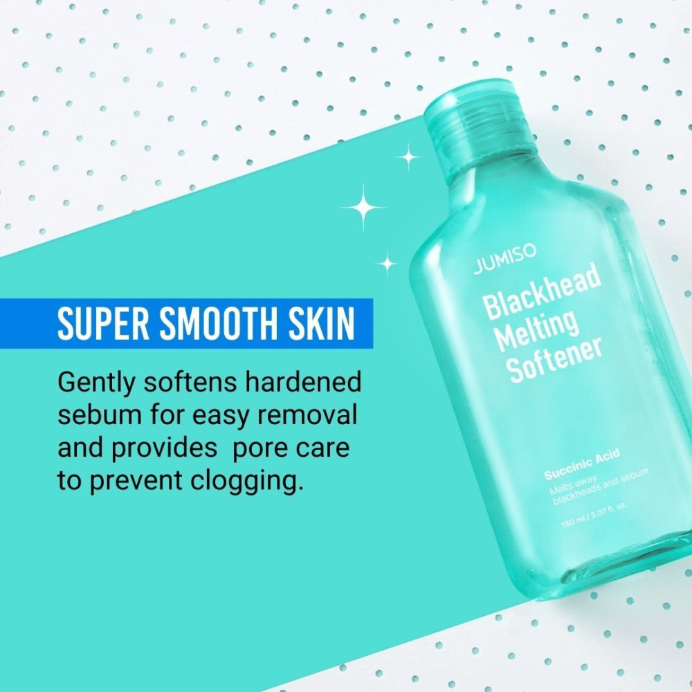 JUMISO Blackhead Melting Softener mostrado em fundo turquesa. Texto enfatiza que o produto suaviza o sebo e previne poros obstruídos.
