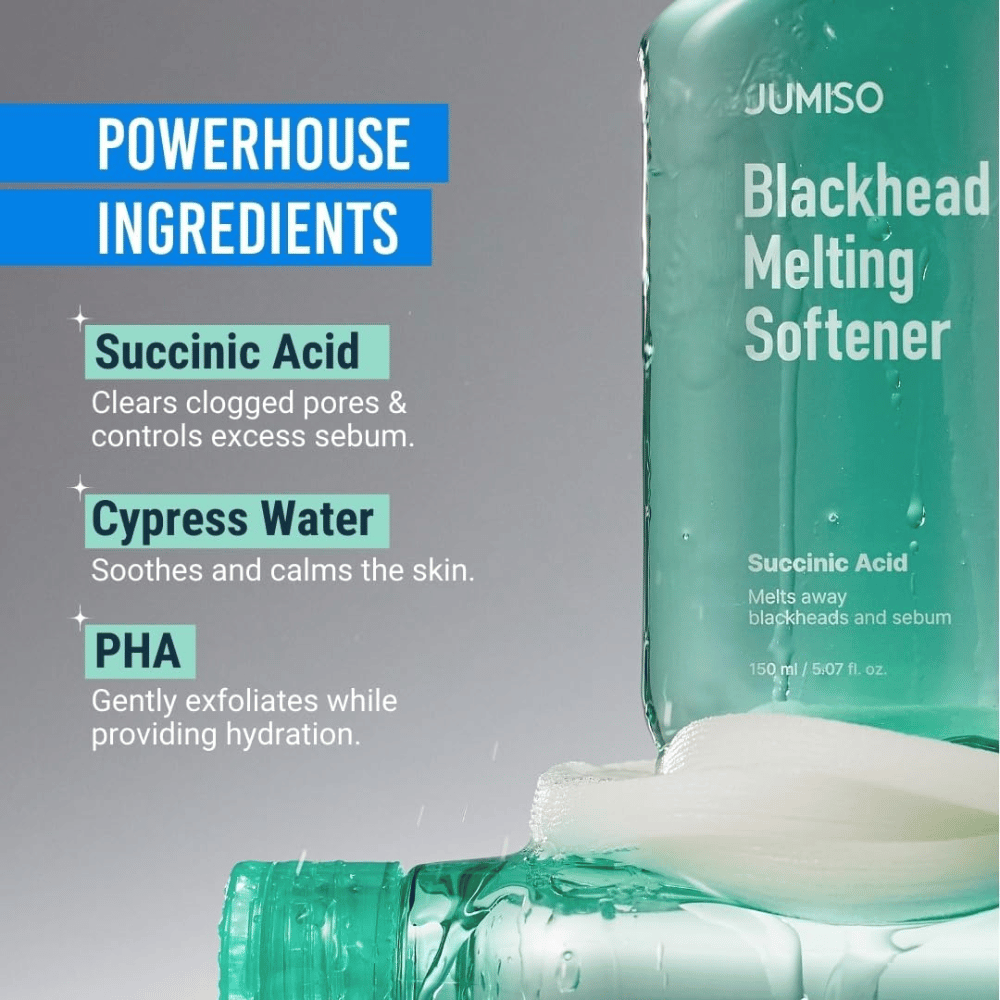 Close-up da garrafa JUMISO Blackhead Melting Softener. Texto mostra ingredientes-chave: ácido succínico, água de cipreste e PHA para limpeza de poros.