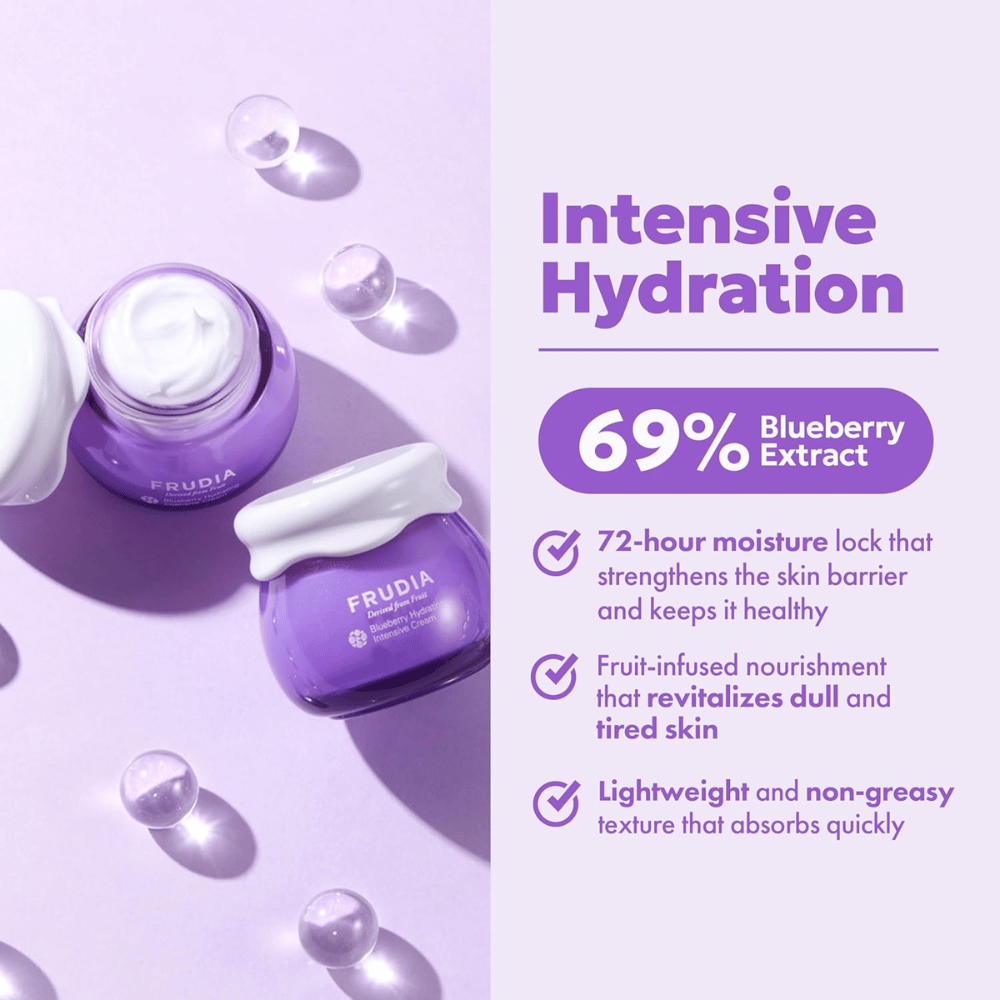 FRUDIA Blueberry Hydrating Intensive Cream com hidratação intensa, 69% de extrato de mirtilo e consistência cremosa para pele seca e desidratada