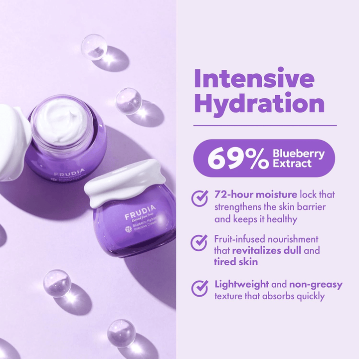 FRUDIA Blueberry Hydrating Intensive Cream com hidratação intensa, 69% de extrato de mirtilo e consistência cremosa para pele seca e desidratada