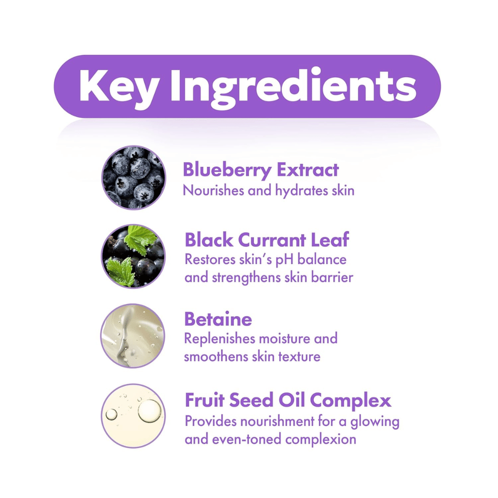Ingredientes chave em FRUDIA Blueberry Hydrating Intensive Cream com extrato de mirtilo, folha de groselha negra, betaína e complexo de óleo de semente de fruta