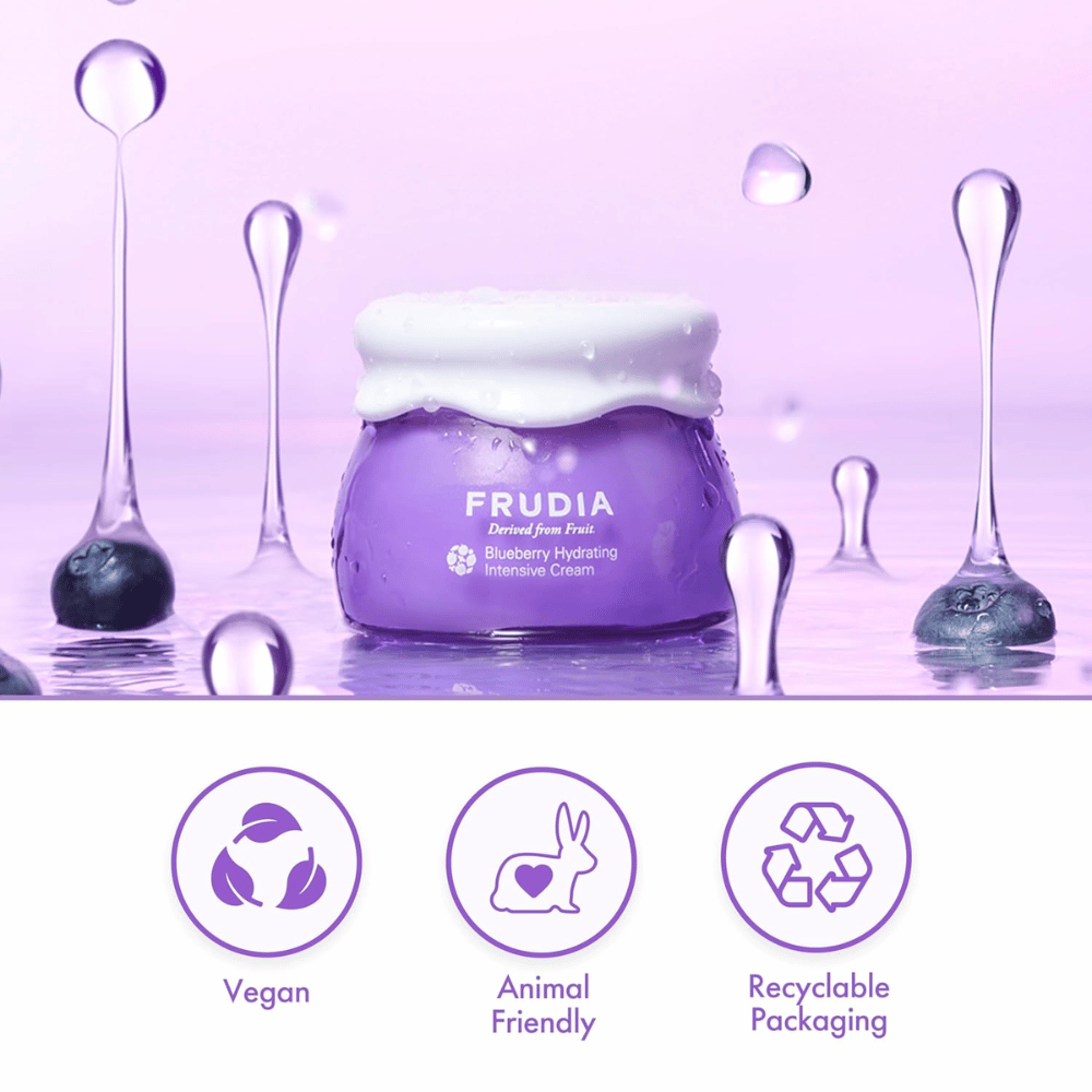 FRUDIA Blueberry Hydrating Intensive Cream em meio aquoso com fórmula vegana, propriedades cruelty-free e embalagem reciclável