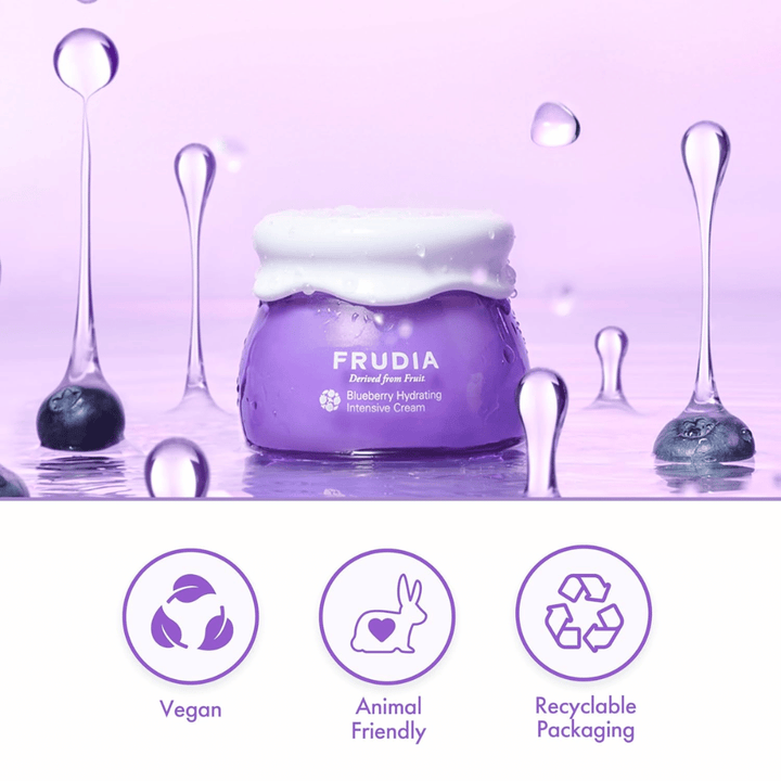 FRUDIA Blueberry Hydrating Intensive Cream em meio aquoso com fórmula vegana, propriedades cruelty-free e embalagem reciclável