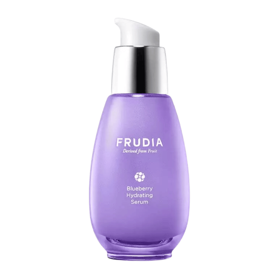 FRUDIA Blueberry Hydrating Serum em frasco roxo com bomba, sérum facial hidratante com extrato de mirtilo que fortalece a barreira da pele e proporciona pele macia e clara.