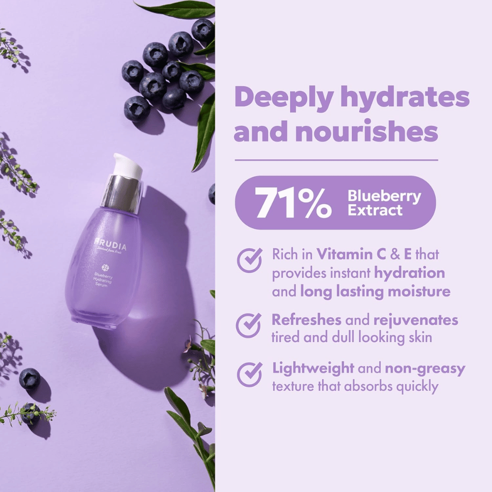 FRUDIA Blueberry Hydrating Serum com 71% de extrato de mirtilo que proporciona hidratação intensa, umidade duradoura, textura leve e brilho fresco para pele seca.