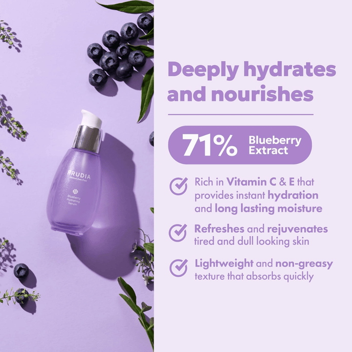 FRUDIA Blueberry Hydrating Serum com 71% de extrato de mirtilo que proporciona hidratação intensa, umidade duradoura, textura leve e brilho fresco para pele seca.