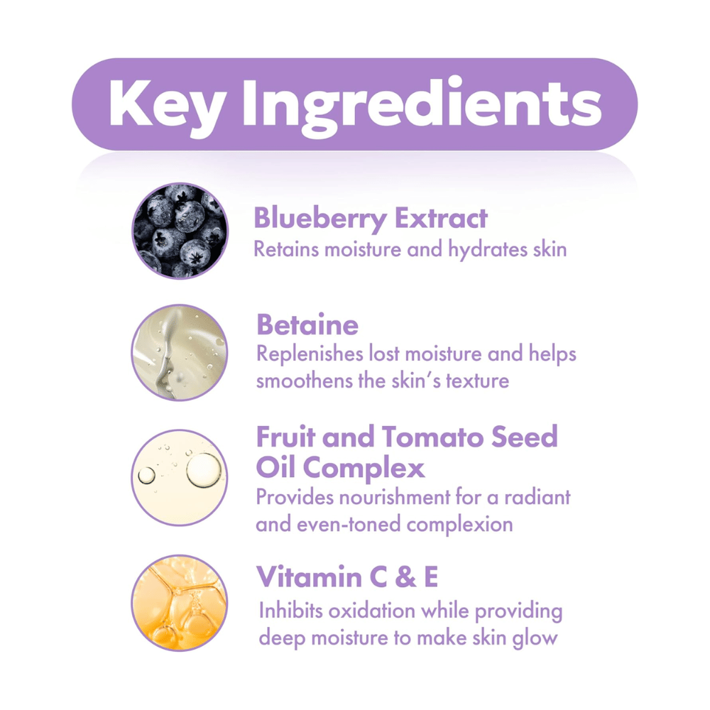 Ingredientes principais em FRUDIA Blueberry Hydrating Serum com extrato de mirtilo, betaína, complexo de óleo de semente e vitaminas C e E para pele hidratada e radiante.