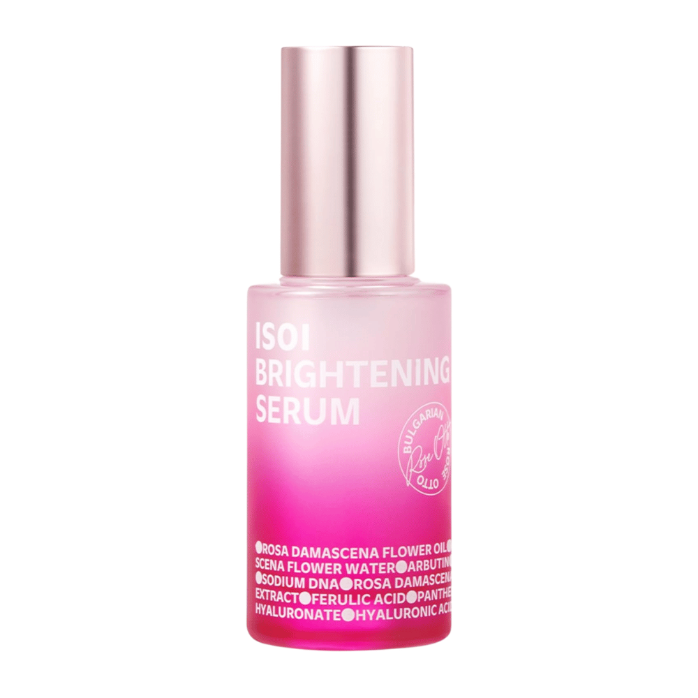 ISOI Brightening Serum 35 ml, sérum facial iluminador com Rose PDRN e arbutina numa garrafa de vidro rosa com tampa rosa metálica sobre fundo branco.
