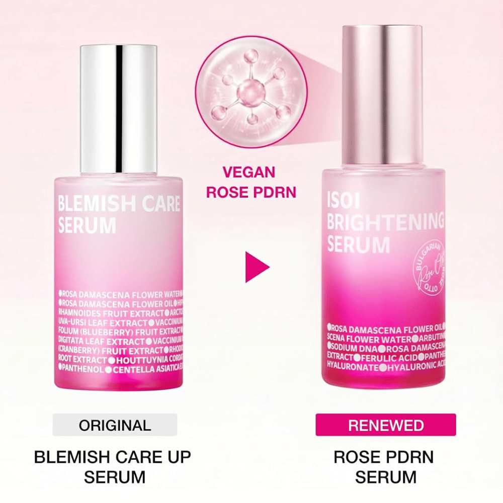 ISOI Brightening Serum com Rose PDRN vegano. Comparação entre o original Blemish Care Up Serum e o frasco rosa de sérum atualizado.