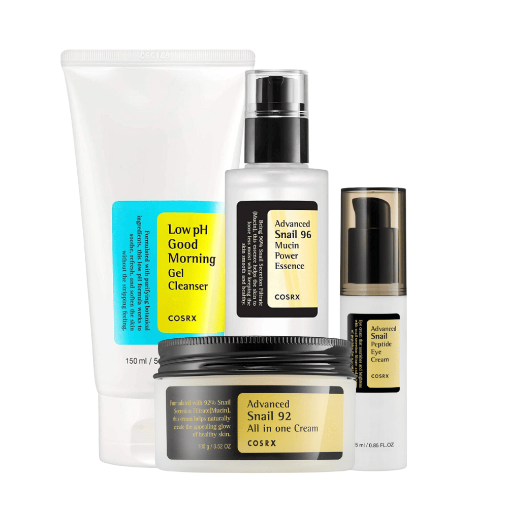 Uma coleção de produtos de beleza coreanos com COSRX Starter Kit de COSRX com fórmulas de baixo pH, exibidos em um fundo branco.
