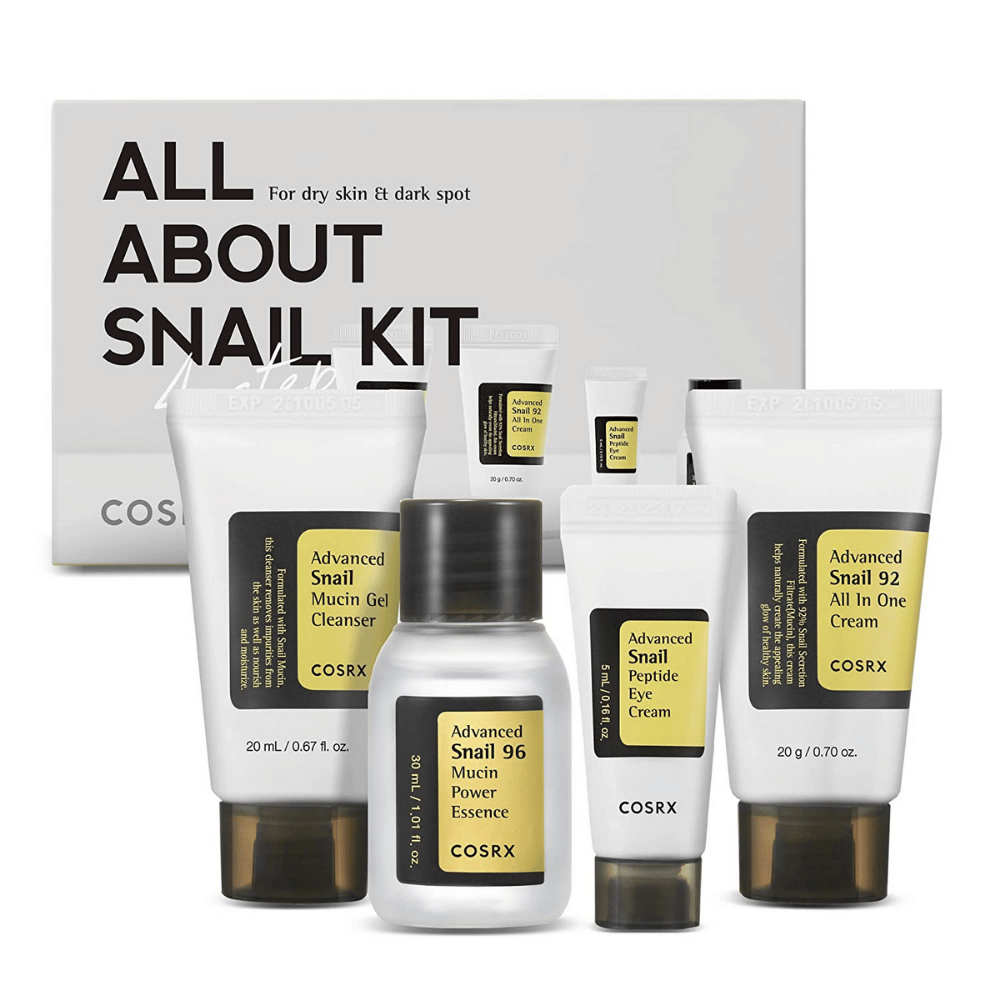 COSRX All About Snail Kit – caixa de cuidados com a pele coreana com Snail Mucin Cleanser, Essence, Eye Cream e All In One Cream para hidratação e reparação.
