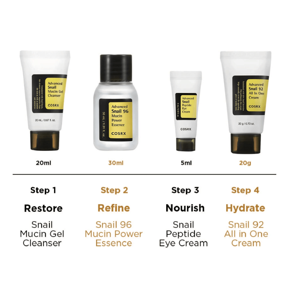 COSRX All About Snail Kit – rotina de cuidados com a pele em 4 etapas com Snail Mucin Gel Cleanser 20ml, Snail 96 Mucin Power Essence 30ml, Snail Peptide Eye Cream 5ml e Snail 92 All In One Cream 20g.