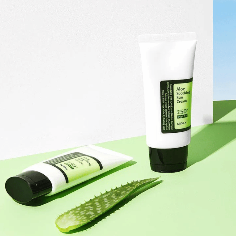 COSRX Aloe Soothing Sun Cream SPF50+ PA+++ – protetor solar com aloe vera para pele sensível, proteção UVA e UVB