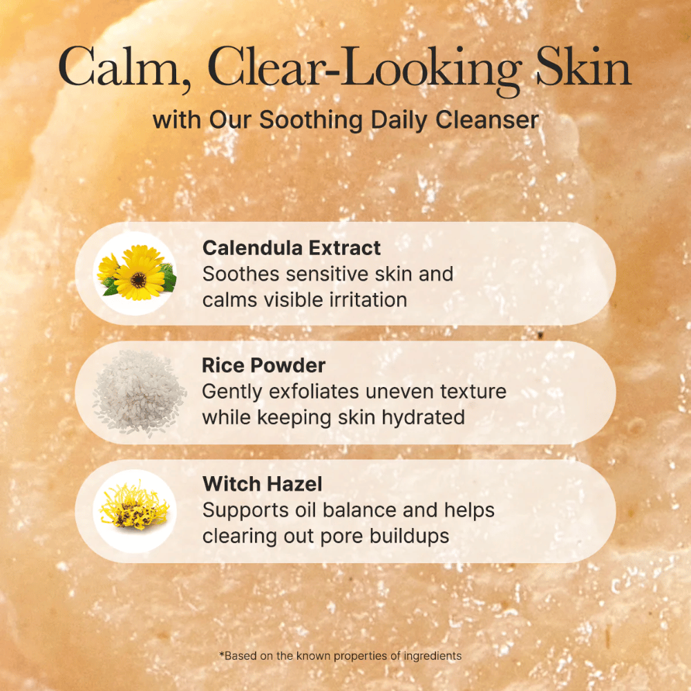 Arencia Calendula Rice Mochi Cleanser com ingredientes como calêndula, pó de arroz e hamamélis – acalma, esfolia e equilibra a pele.