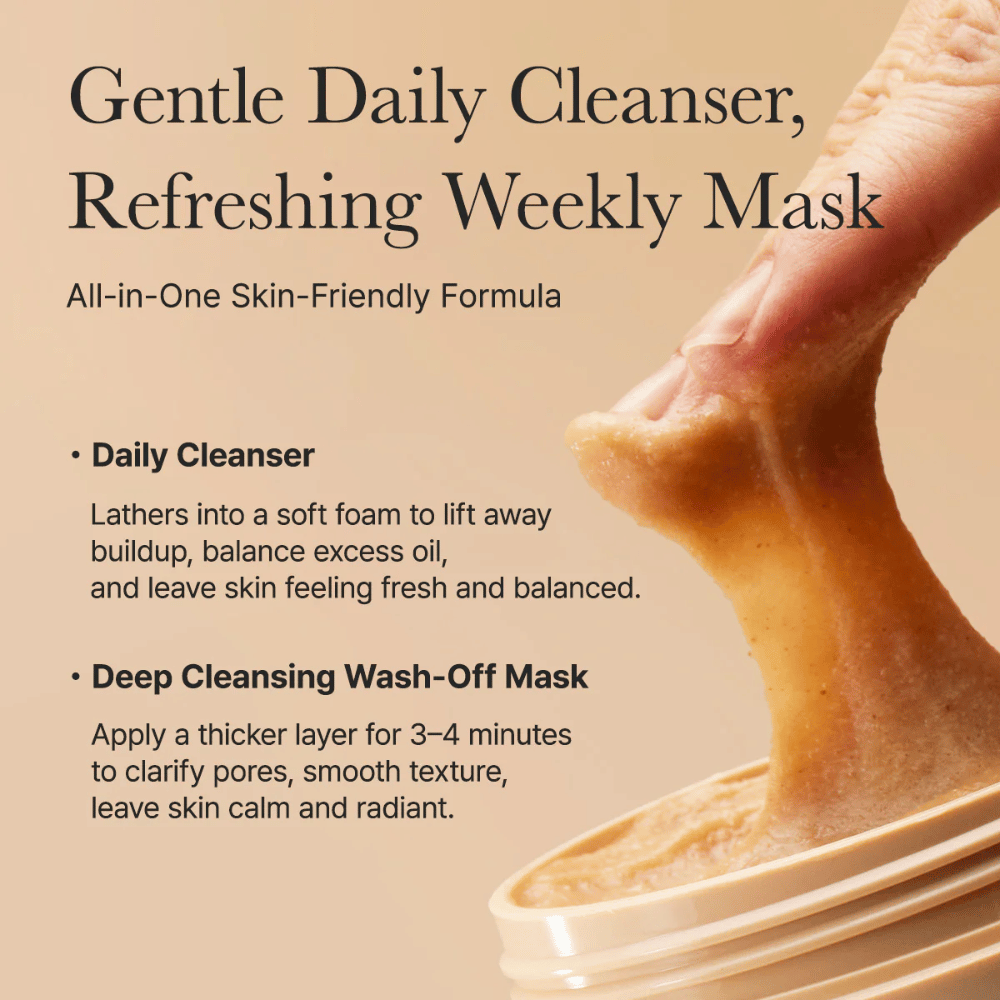 Close-up de Arencia Calendula Rice Mochi Cleanser – fórmula tudo-em-um que funciona como limpeza diária e máscara de limpeza profunda.