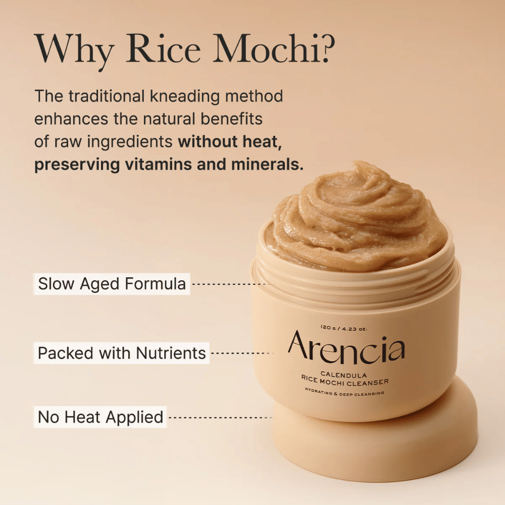 Arencia Calendula Rice Mochi Cleanser com descrição de sua fórmula prensada a frio que preserva vitaminas e minerais para cuidados nutritivos da pele.