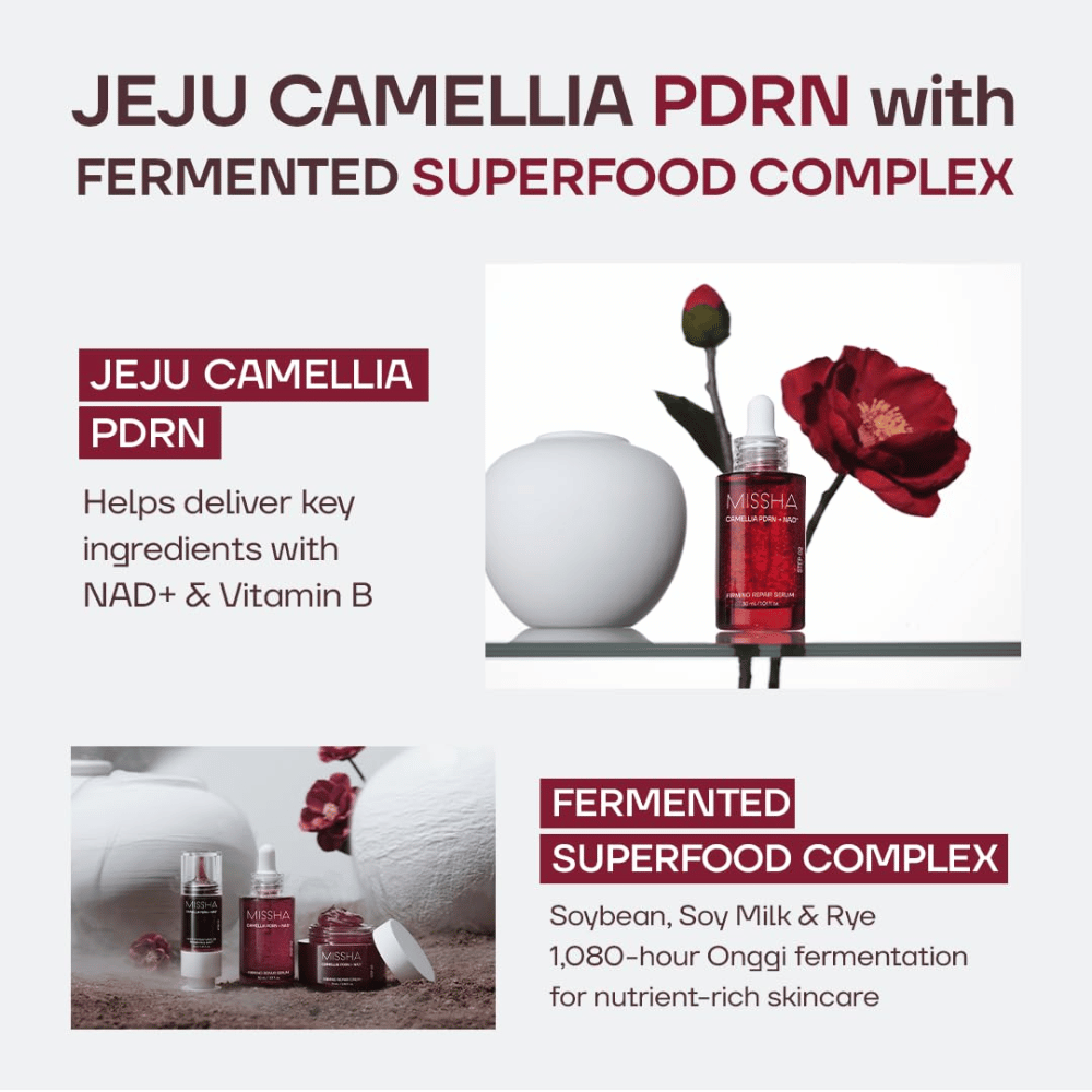 2. MISSHA Camellia PDRN NAD+ Firming Repair Serum – sérum com camélia de Jeju e ingredientes fermentados como soja e centeio