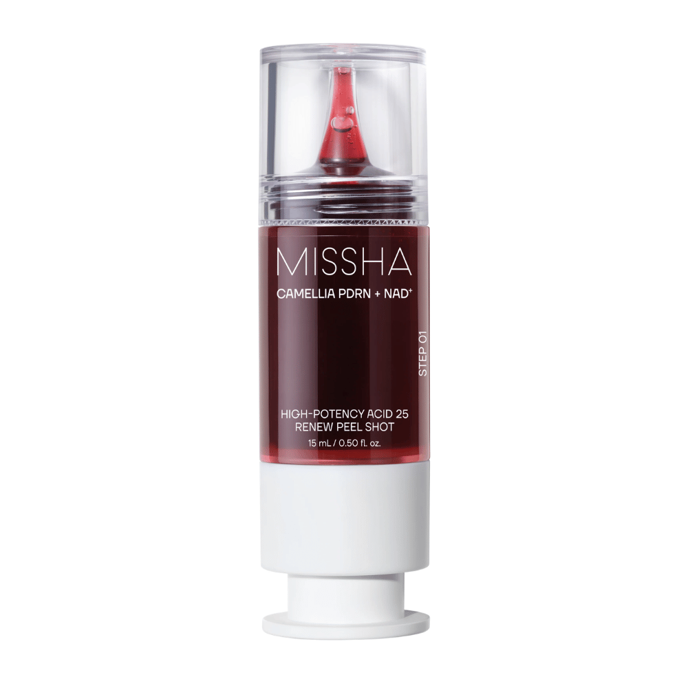 6. MISSHA Camellia PDRN NAD+ High-Potency Acid 25 Renew Peel Shot 15 ml – peeling esfoliante em embalagem vermelha e branca