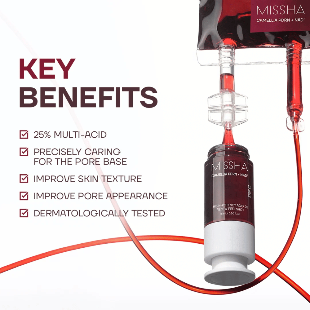 3. MISSHA Camellia PDRN NAD+ High-Potency Acid 25 Renew Peel Shot – tratamento facial esfoliante para uma textura da pele mais uniforme e poros menos visíveis