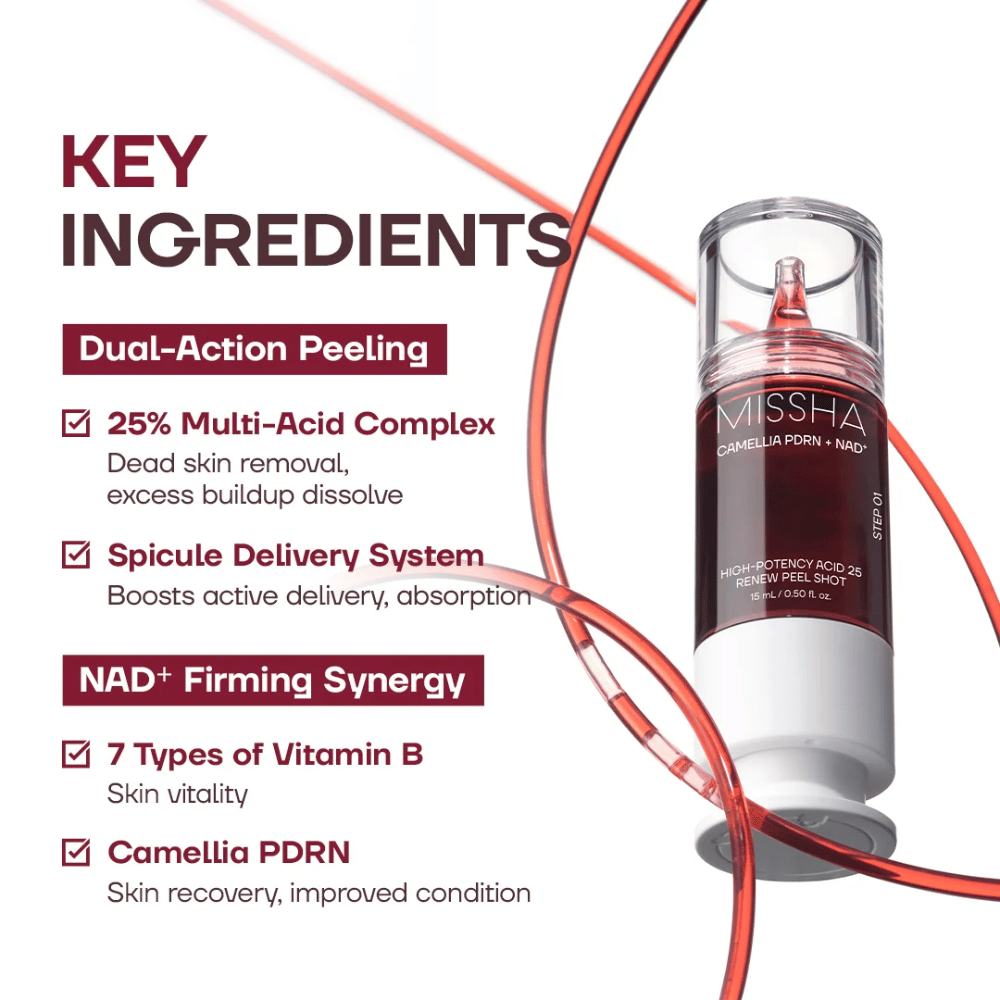 2. MISSHA Camellia PDRN NAD+ High-Potency Acid 25 Renew Peel Shot – peeling com 25% de complexo de ácidos, PDRN e NAD+