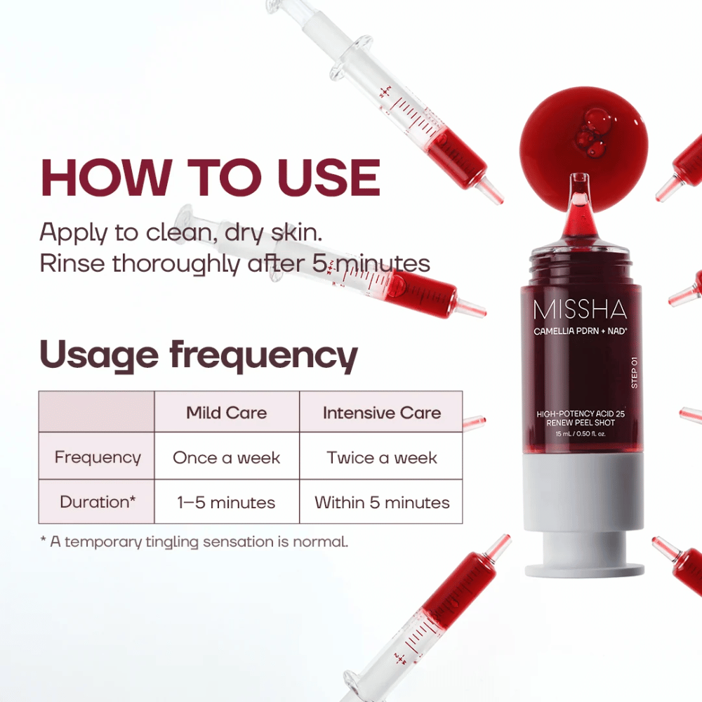1. MISSHA Camellia PDRN NAD+ High-Potency Acid 25 Renew Peel Shot – instruções de utilização e frequência de esfoliação recomendada