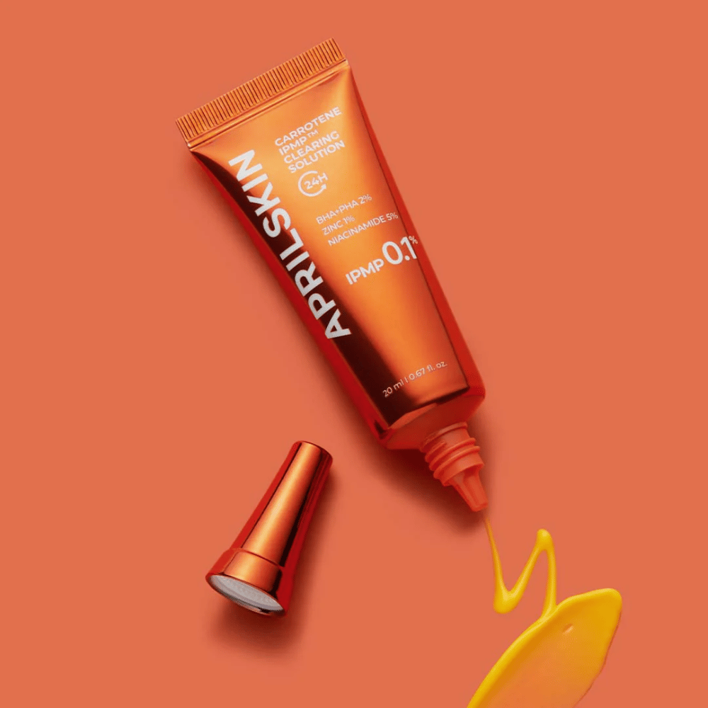 APRILSKIN Carrotene IPMP Clearing Solution em tubo com fórmula amarela, spot treatment contra acne com BHA PHA 2%, zinco e niacinamida