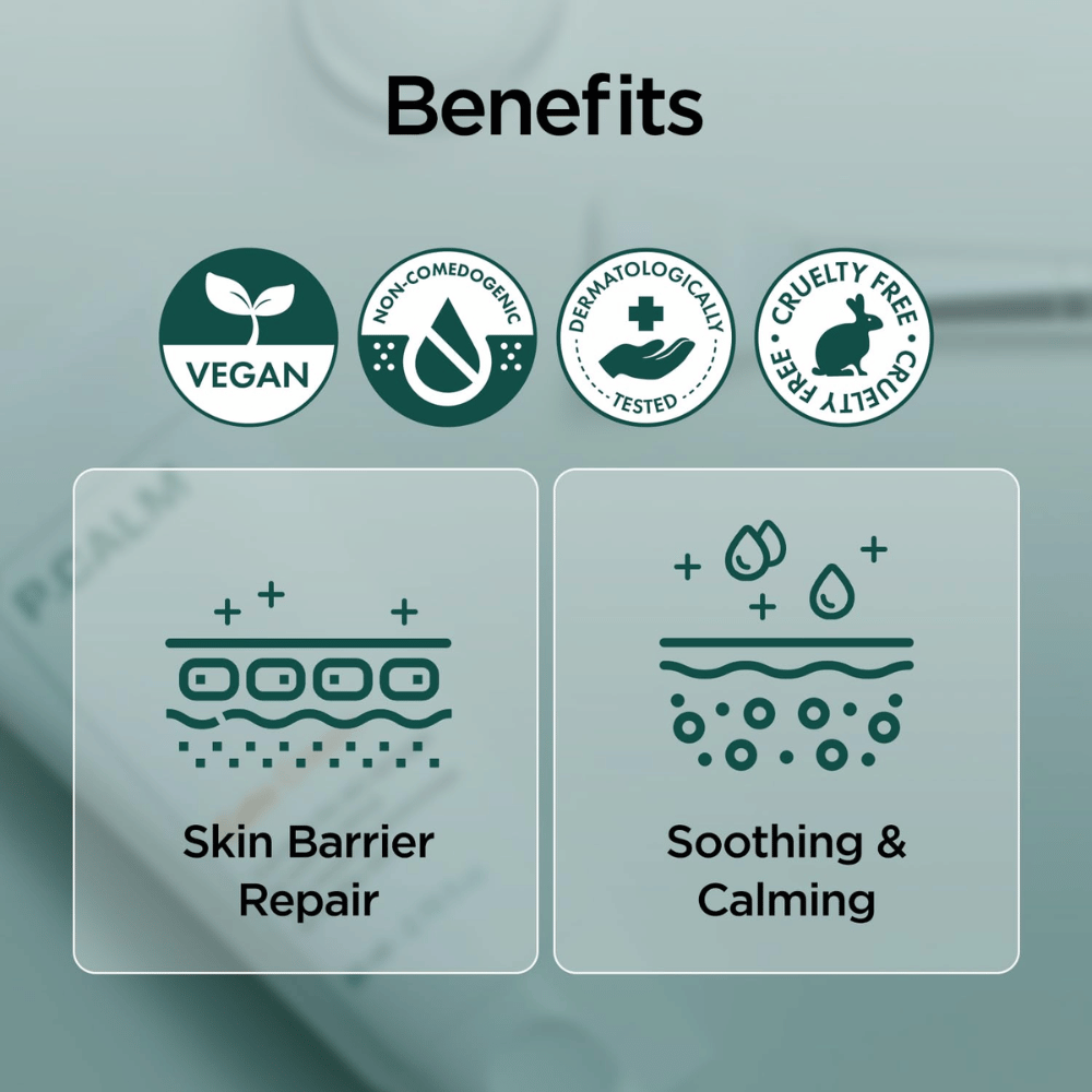 Imagem gráfica de visão geral que destaca os benefícios do produto, como fórmula vegana, non-comedogenic, dermatologicamente testado e cruelty-free. O foco está na reparação da barreira cutânea e no efeito calmante para pele sensível.