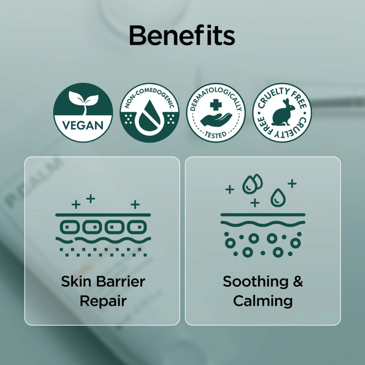 Imagem gráfica de visão geral que destaca os benefícios do produto, como fórmula vegana, non-comedogenic, dermatologicamente testado e cruelty-free. O foco está na reparação da barreira cutânea e no efeito calmante para pele sensível.