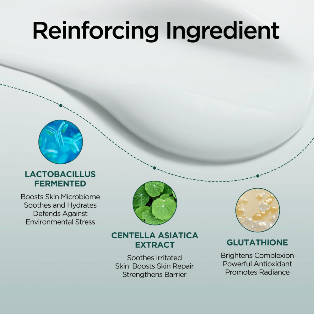 Imagem informativa sobre os ingredientes-chave de P.CALM Cato Cream, incluindo Lactobacillus Ferment, extrato de Centella Asiatica e Glutathione. O foco está nas propriedades calmantes, hidratantes e de reforço da barreira cutânea.