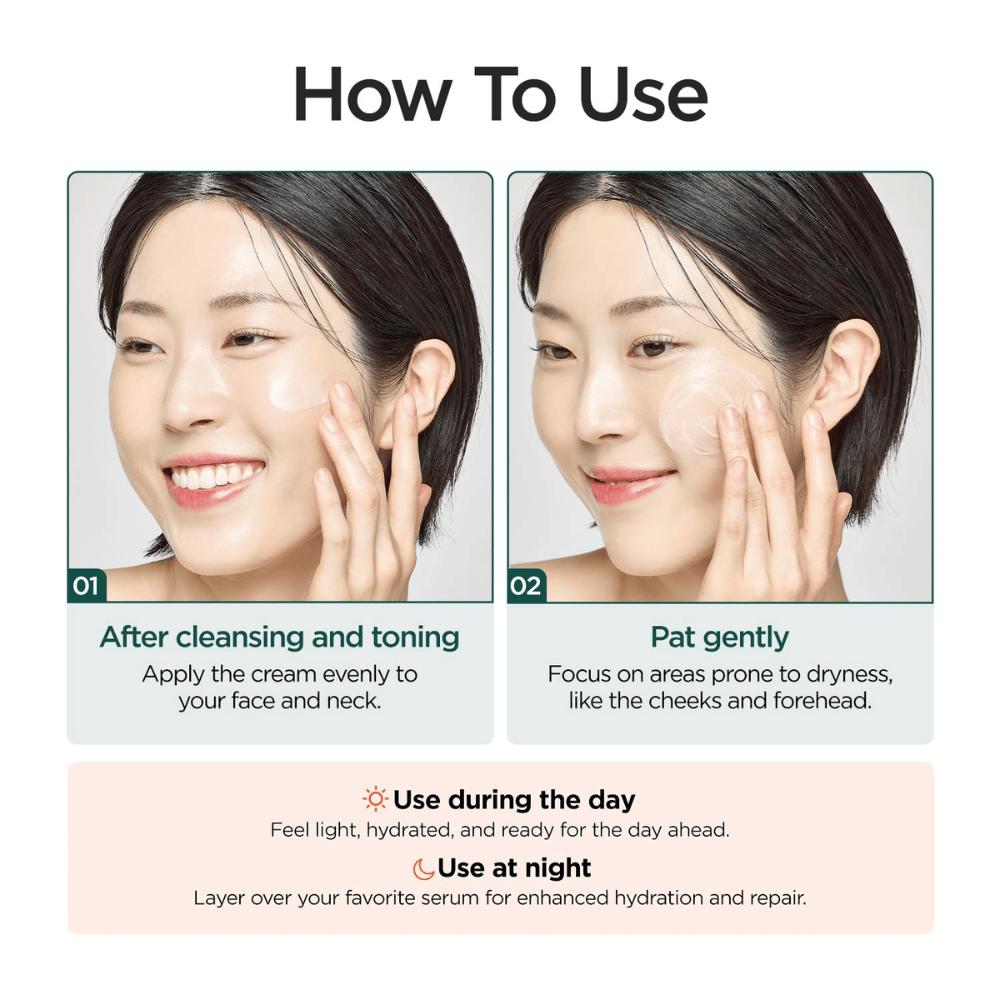 Imagem de instruções que mostra como P.CALM Cato Cream é usado após a limpeza e o tónico. Uma modelo aplica o creme nas bochechas e o produto é recomendado tanto de dia como de noite para hidratação e cuidado da barreira cutânea.