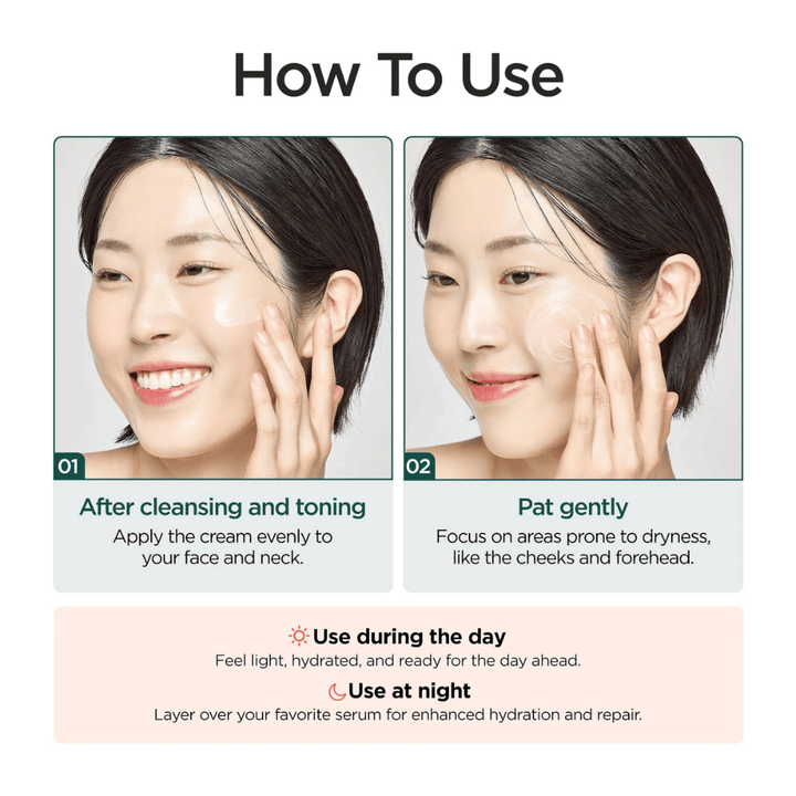 Imagem de instruções que mostra como P.CALM Cato Cream é usado após a limpeza e o tónico. Uma modelo aplica o creme nas bochechas e o produto é recomendado tanto de dia como de noite para hidratação e cuidado da barreira cutânea.