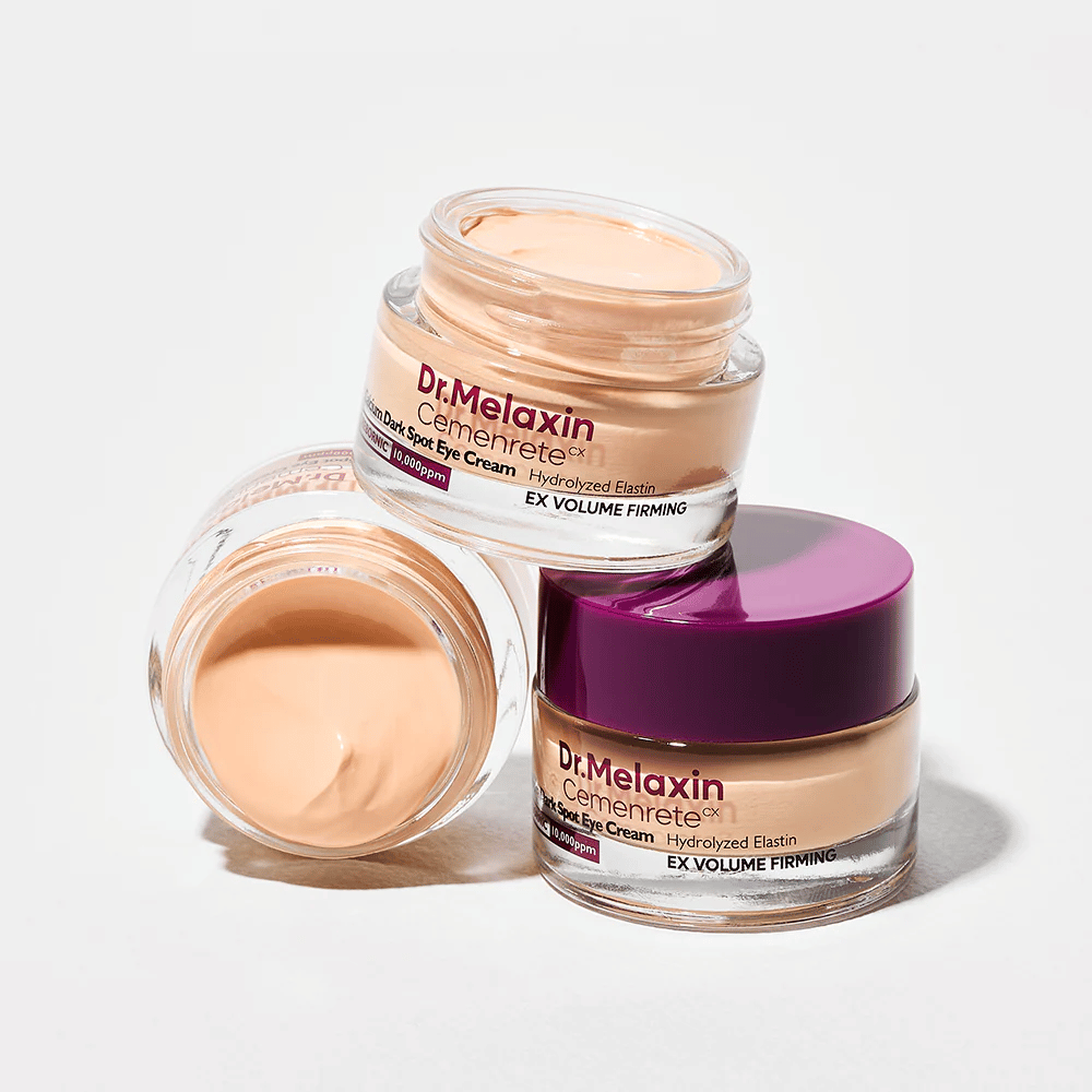 Dr.Melaxin Cemenrete Eye Cream em vários ângulos, creme para os olhos coreano contra manchas escuras e linhas finas com efeito volumizador e firmador.