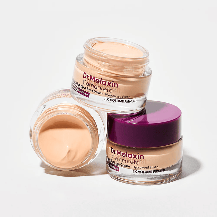 Dr.Melaxin Cemenrete Eye Cream em vários ângulos, creme para os olhos coreano contra manchas escuras e linhas finas com efeito volumizador e firmador.