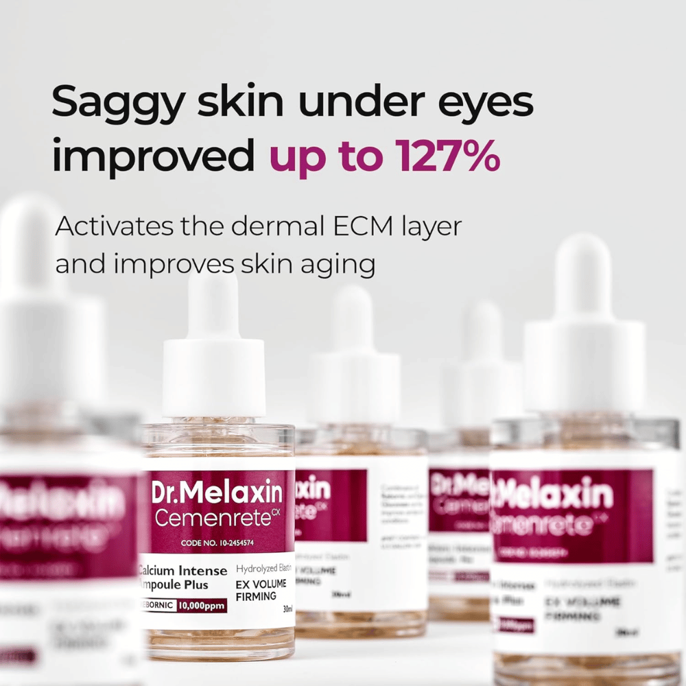 Dr. Melaxin Cemenrete Calcium Intense Ampoule Plus é mostrada com foco na melhoria da pele flácida sob os olhos, ativando a camada ECM da pele e apoiando o anti-envelhecimento.