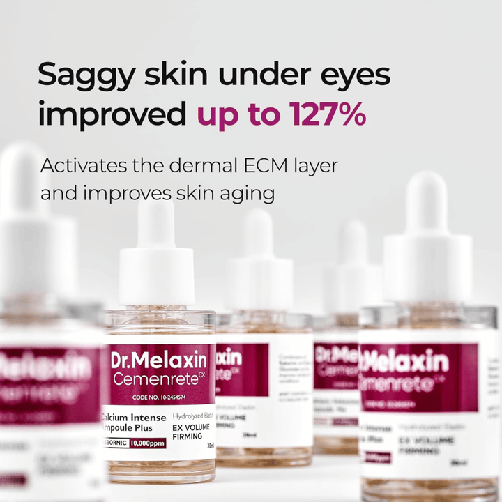 Dr. Melaxin Cemenrete Calcium Intense Ampoule Plus é mostrada com foco na melhoria da pele flácida sob os olhos, ativando a camada ECM da pele e apoiando o anti-envelhecimento.