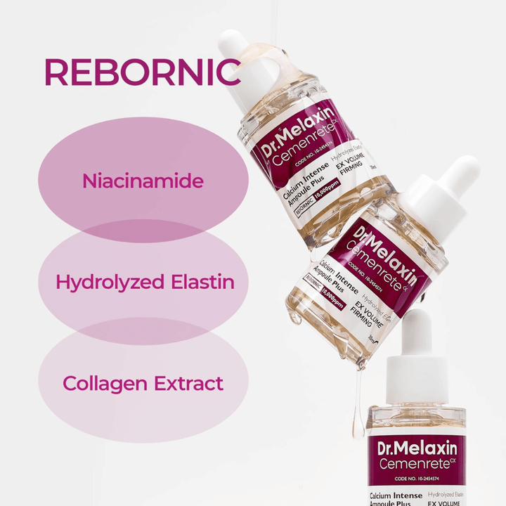 Dr. Melaxin Cemenrete Calcium Intense Ampoule Plus com niacinamida, elastina hidrolisada e extrato de colágeno, desenvolvida para pele mais firme e elasticidade melhorada.
