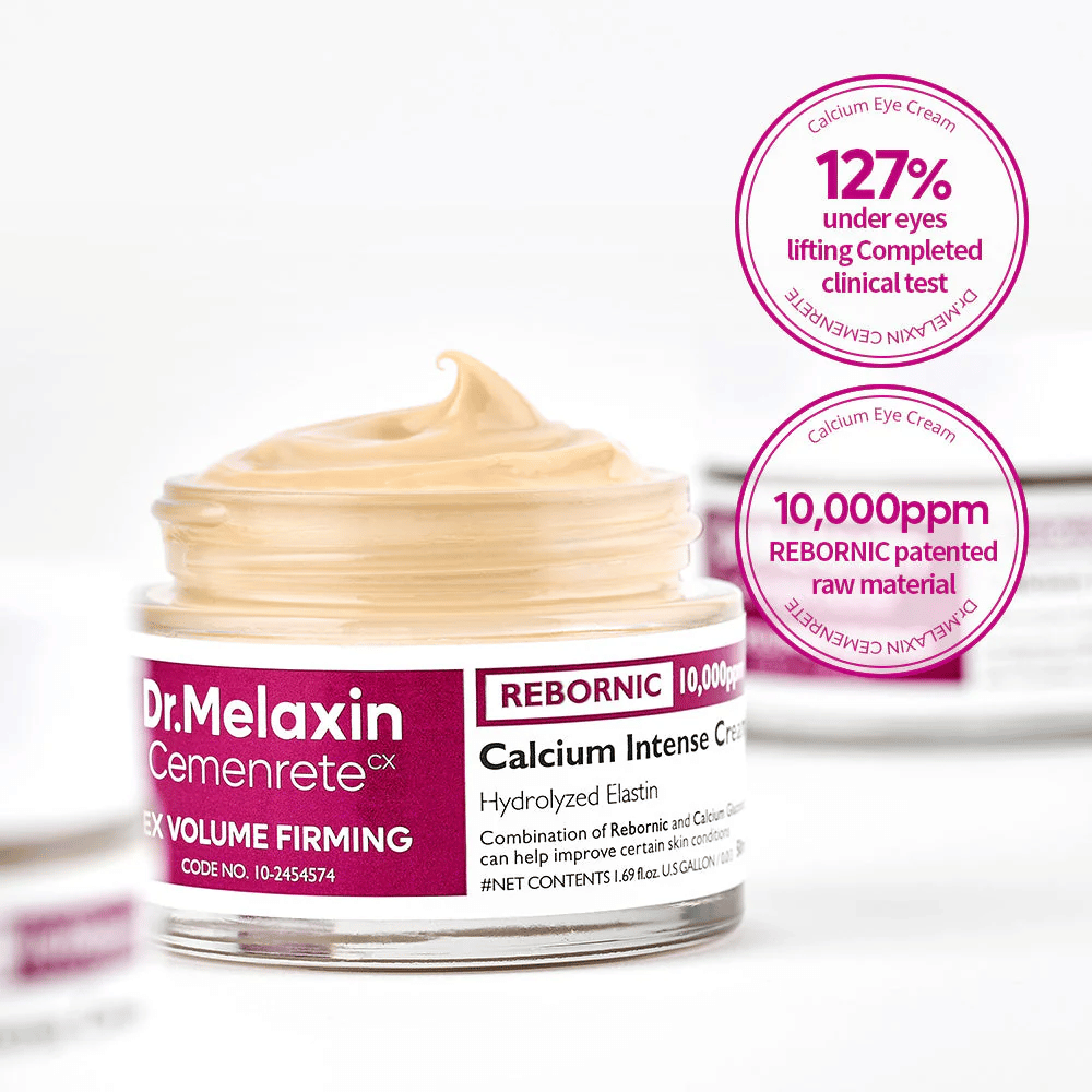 Dr.Melaxin Cemenrete Calcium Intense Cream com marcadores clínicos, mostrando 10 000 ppm de Rebornic e resultados de testes para efeito de firmeza e volume.
