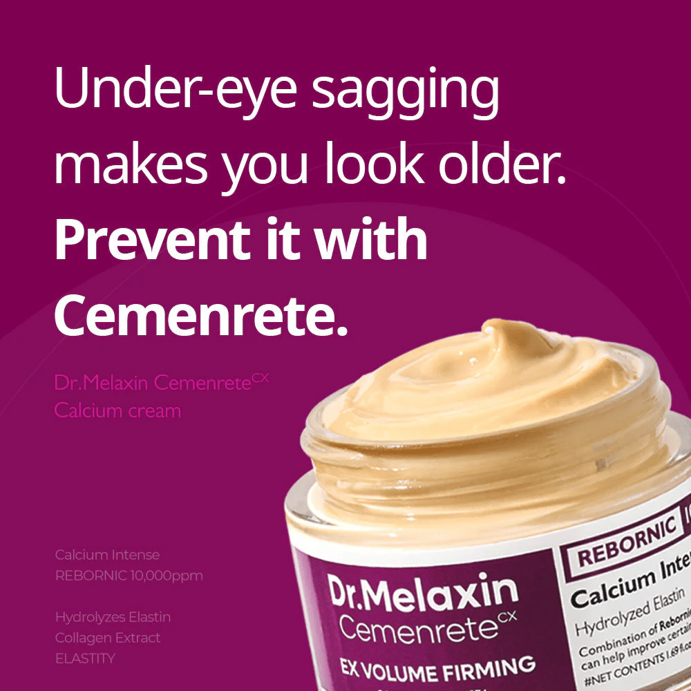 Dr.Melaxin Cemenrete Calcium Intense Cream com mensagem de texto sobre firmeza sob os olhos, ilustra o foco do creme em firmeza, volume e prevenção de pele flácida.