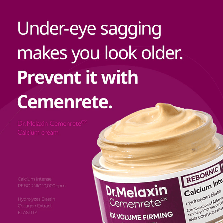 Dr.Melaxin Cemenrete Calcium Intense Cream com mensagem de texto sobre firmeza sob os olhos, ilustra o foco do creme em firmeza, volume e prevenção de pele flácida.