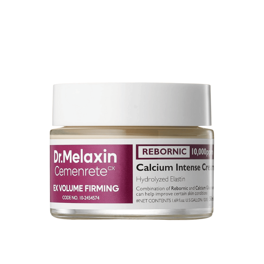 Dr.Melaxin Cemenrete Calcium Intense Cream em pote contra fundo branco, creme facial com cálcio, Rebornic e elastina hidrolisada para uma pele mais firme e volumosa.